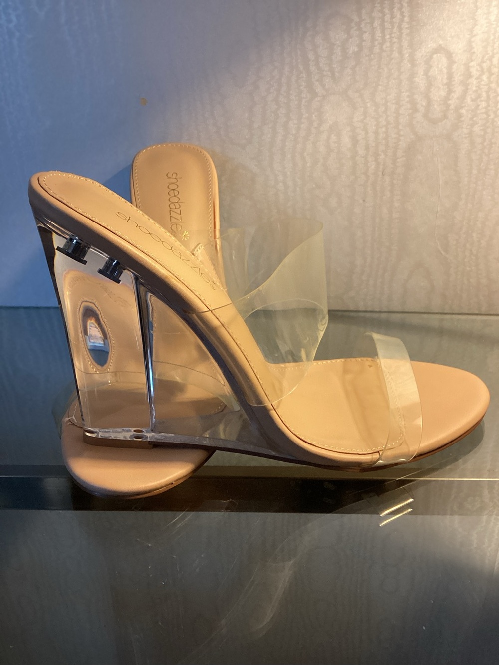 Shoe Dazzle Nude Clear-Strap Slide Heels SZ 9, $25.